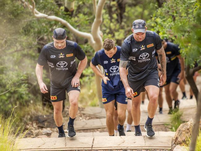 Chad Townsend and Kyle Feldt sweat it out during a Cowboys pre-season training session on Castle Hill. Picture: Cowboys Media