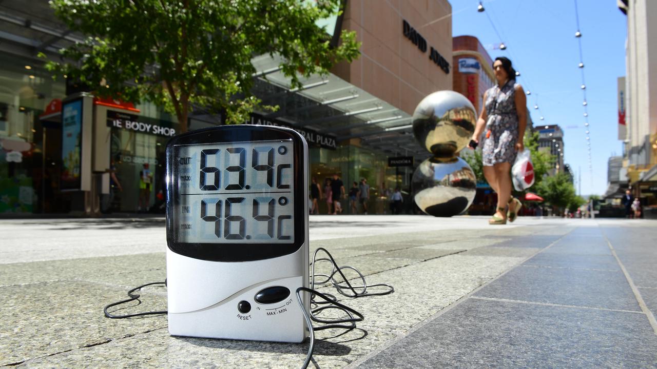 Paver and ambient temparature at Rundle Mall. Picture: Mark Brake