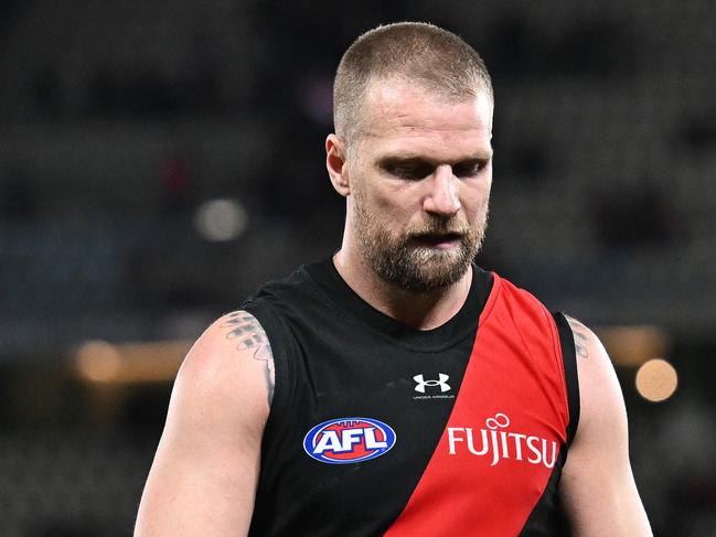 MELBOURNE, AUSTRALIA - JULY 19: Jake Stringer of the Bombers looks dejected after the round 19 AFL match between Essendon Bombers and Adelaide Crows at Marvel Stadium, on July 19, 2024, in Melbourne, Australia. (Photo by Daniel Pockett/Getty Images)