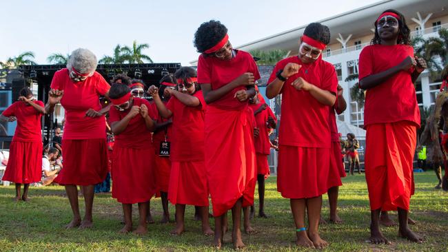 Kenbi Dances from Belyuen community at the Northern Land Council 50 Year Anniversary Concert in State Square, Parliament House, Darwin. Picture: Pema Tamang Pakhrin