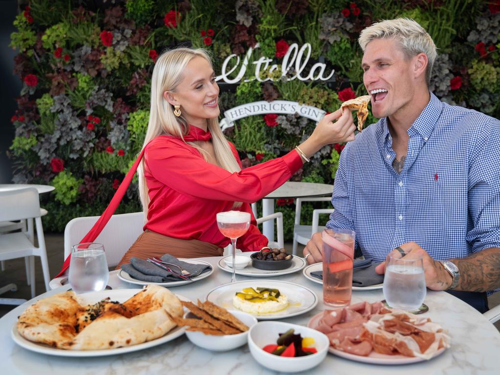 Western Bulldogs star Rory Lobb and his fiance Lexi Mary celebrating Valentine's Day on the Rooftop at the Stella restaurant in South Yarra. Picture: Tony Gough