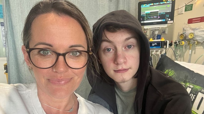 Mum Skye Babula and her son Auston in hospital on Thursday.