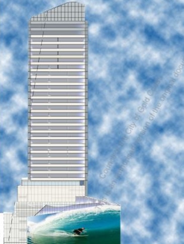 An artist’s impression of the proposed tower and massive screen at Surfers Paradise. Image supplied by Gold Coast City Council