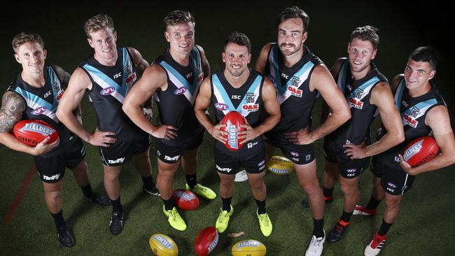 Port Adelaide’s 2018 leadership group, from left, Hamish Hartlett, Tom Jonas, Ollie Wines, Captain Travis Boak, Charlie Dixon, Brad Ebert and Tom Rockliff. Picture: Sarah Reed