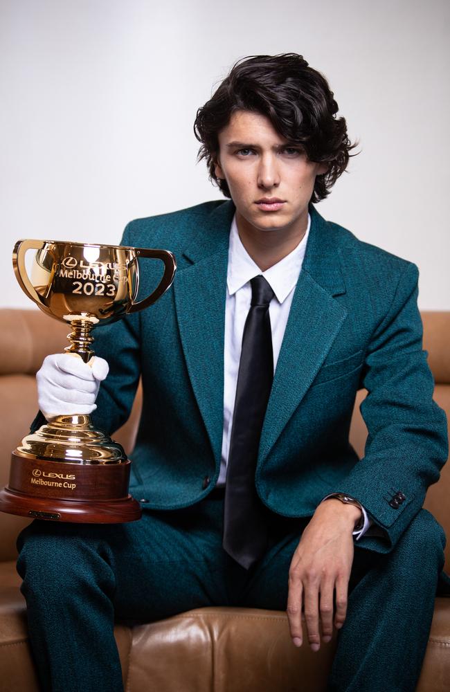 Prince Nikolai of Denmark with the Melbourne Cup ahead of his trip to Victoria. Picture: Christian Gilles