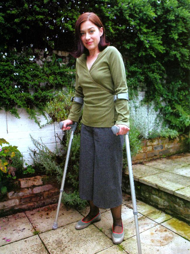 Gill Hicks on crutches after leaving hospital. Picture: Women's Weekly