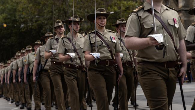 Australian Defence Force personnel participate in the 2024 Anzac Day march in Melbourne. The ADF can’t even say if its $60m advertising blitz, resulted in a significant uptake in people joining the military. Picture: Diego Fedele/Getty Images