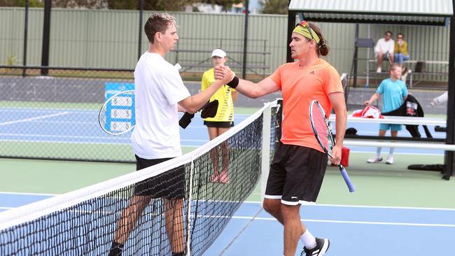 Gold Coast hope and aspiring pro Cade Birrell playing at the Queens Park tennis club courts against Oliver Statham who took out the event. Picture: Richard Gosling.