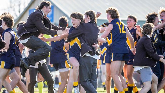 Herald Sun Shield final. Whitefriars V St Patricks Ballarat at Box Hill. Whitefriars players and student supporters celebrate the win. Picture: Jake Nowakowski