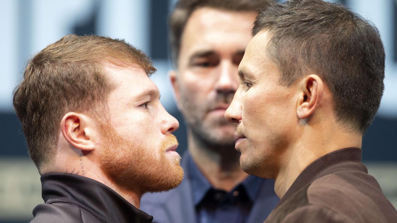 Canelo Alvarez (L) faces off with Gennady Golovkin during a news conference at the KA Theatre at MGM Grand Hotel &amp; Casino.