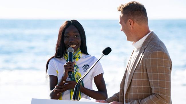 Bendere Oboya speaks during the Australian Olympic Team Opening Ceremony Uniform Unveiling. Picture: Bianca De Marchi/AFP