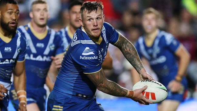 SYDNEY, AUSTRALIA - APRIL 26:  JÃ¢â¬â¢maine Hopgood of the Eels passes the ball during the round eight NRL match between Manly Sea Eagles and Parramatta Eels at 4 Pines Park on April 26, 2024, in Sydney, Australia. (Photo by Cameron Spencer/Getty Images)