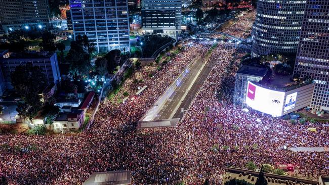 Tens of thousands of protesters gather in Tel Aviv to demand the Netanyahu government reach a deal with Hamas to bring the hostages home. Picture: Reuters