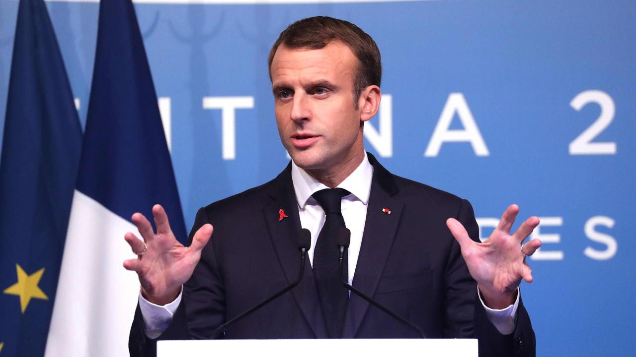 France's President Emmanuel Macron, delivering a press conference on the second day of the G20 Leader's Summit, in Buenos Aires, on December 1 as riots raged in France. Picture: AP