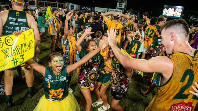 St Mary's fans celebrates their win in the 2023-24 NTFL Men's Grand Final between Nightcliff and St Mary's. Picture: Pema Tamang Pakhrin