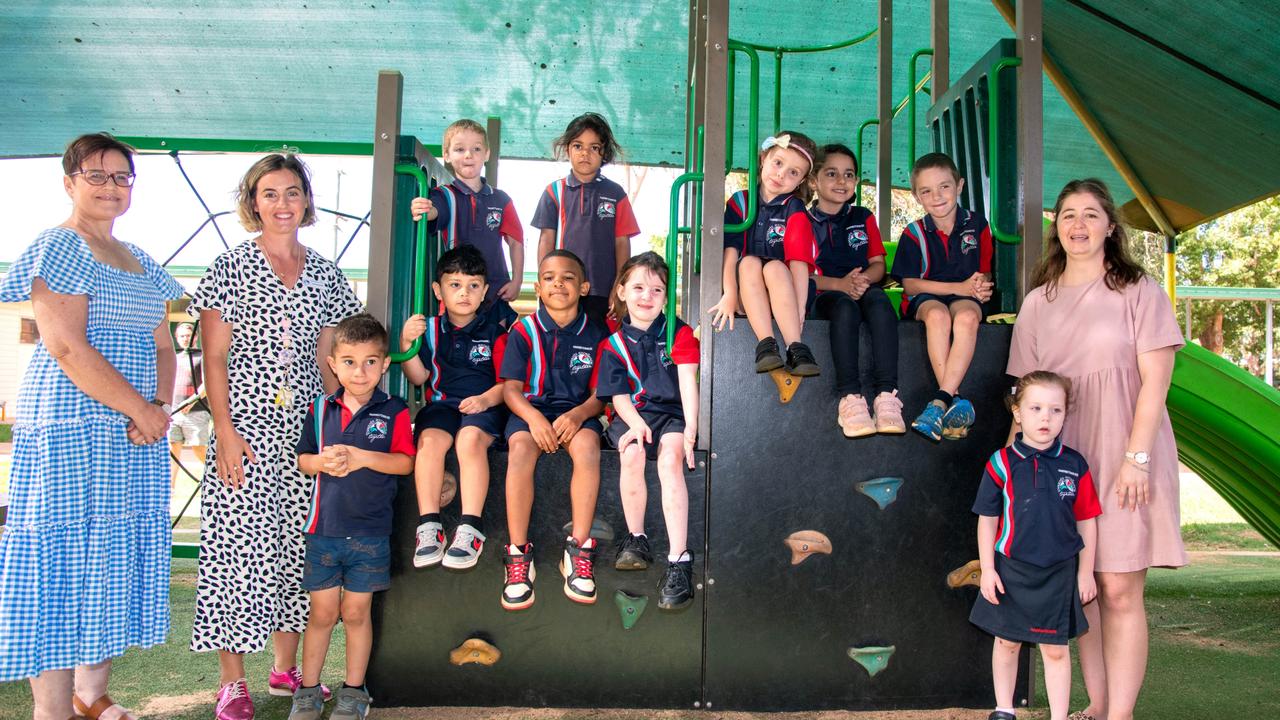 MY FIRST YEAR 2024: Harristown State Primary School Prep A Stringrays with teaching staff (from left) Jane Edwards, Casey Richards and Natalie Edwards, February 2024. Picture: Bev Lacey