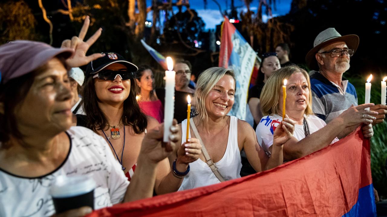 Djokovic supporters rally outside Park Hotel. Picture: Diego Fedele/Getty Images