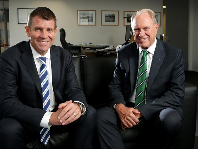 Premier Mike Baird with his father Bruce in the Premier’s office in Sydney. Picture: Gregg Porteous