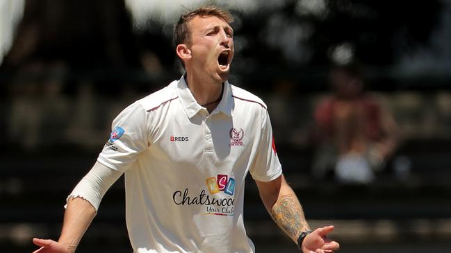 Quincy Titterton of Gordon bowls reacts during round 4 of the NSW Premier Grade cricket match between UTS North Sydney Bears and Gordon at Chatswood Oval on October 29, 2022 in Chatswood. (Photo by Jeremy Ng/Newscorp Australia)