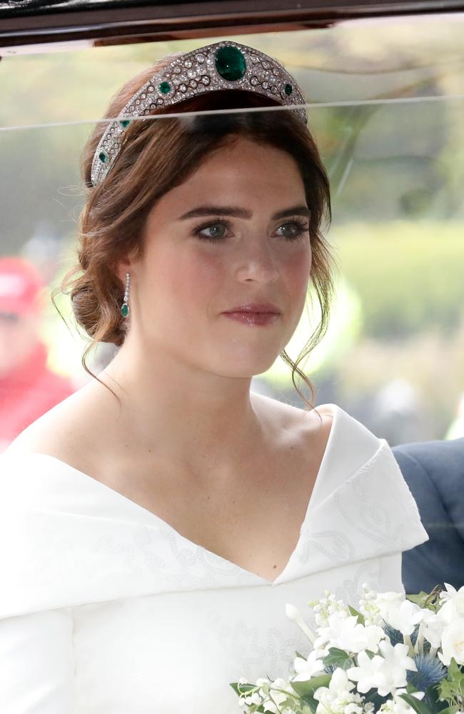 The bride Princess Eugenie of York arrives by car for her Royal wedding to Jack Brooksbank at St. George's Chapel. Picture: Getty