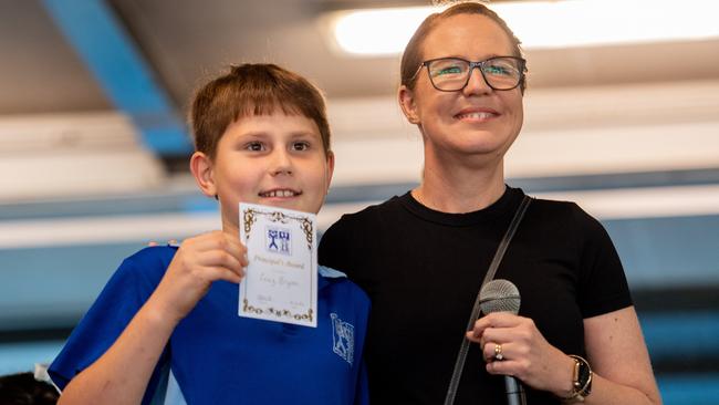 Cruz Bryan and School Principal Danielle Hall as students from Stuart Park Primary School celebrate the last day of Term 2, 2024. Picture: Pema Tamang Pakhrin