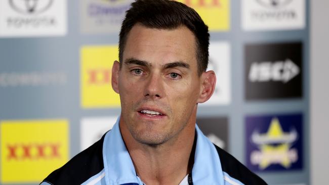 Sharks coach John Morris looks on during a post match press conference during the Round 4 NRL match between the North Queensland Cowboys and the Cronulla-Sutherland Sharks at Queensland Country Bank Stadium in Townsville, Saturday, June 6, 2020. (AAP Image/Cameron Laird) NO ARCHIVING