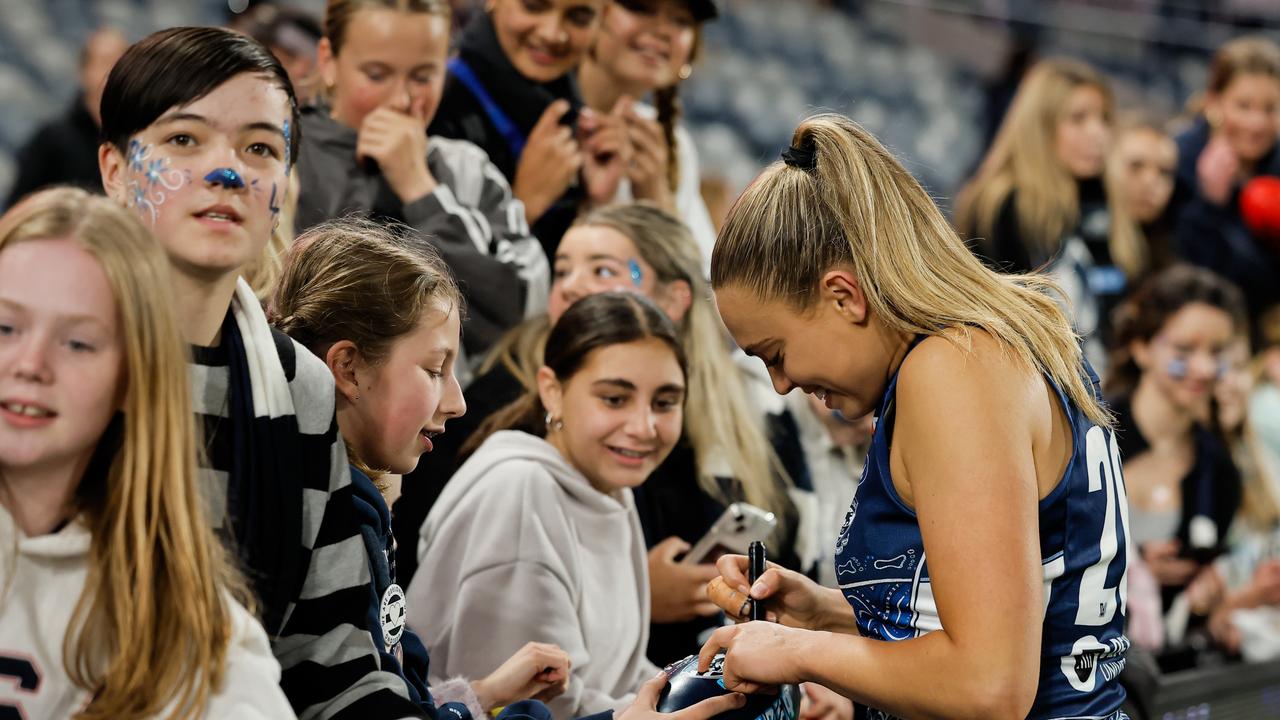 Geelong’s Claudia Gunjaca with Cats supporters after their final game of the 2024 season against Adelaide. Picture: Dylan Burns/AFL Photos via Getty Images.