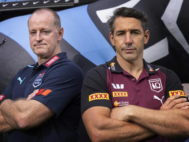 MELBOURNE, AUSTRALIA - APRIL 16: NSW Blues head coach Michael Maguire and QLD Maroons head coach Billy Slater pose for a photograph during the 2024 State of Origin Series Launch at Melbourne Cricket Ground on April 16, 2024 in Melbourne, Australia. (Photo by Daniel Pockett/Getty Images)