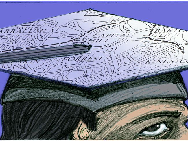 Illustration by artist John Tiedemann of a university graduate wearing a mortarboard hat for graduation ceremony.