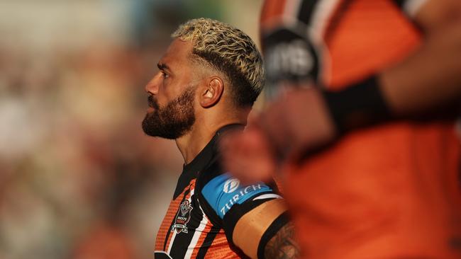 SYDNEY, AUSTRALIA - JUNE 23: Apisai Koroisau of the Tigers warms up during the round 16 NRL match between Wests Tigers and Canberra Raiders at Campbelltown Stadium, on June 23, 2024, in Sydney, Australia. (Photo by Matt King/Getty Images)