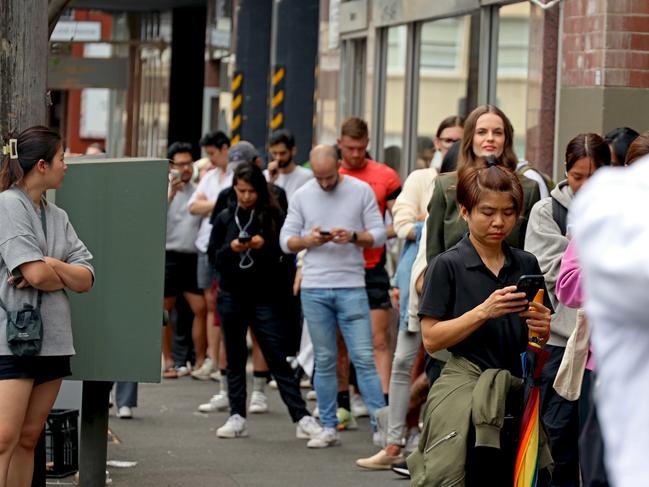 Dozens of Sydneysiders are pictured lined up outside an open-for-inspection rental apartment in Surry Hills amid the rental crisis. Picture: Nicholas Eagar