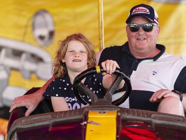 Racing dodgem cars are Annabelle and Michael Codyre at Fairholme Spring Fair, Saturday, October 19, 2024. Picture: Kevin Farmer