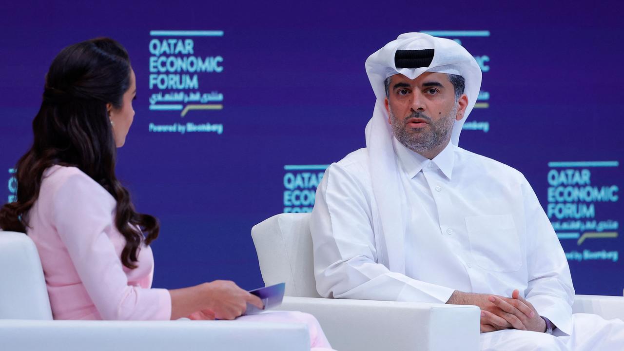 Qatar Airways CEO Badr Mohammed al-Meer speaks with host Joumanna Bercetche during a session at the Qatar Economic Forum in Doha on May 20, 2025. Picture: Karim JAAFAR / AFP
