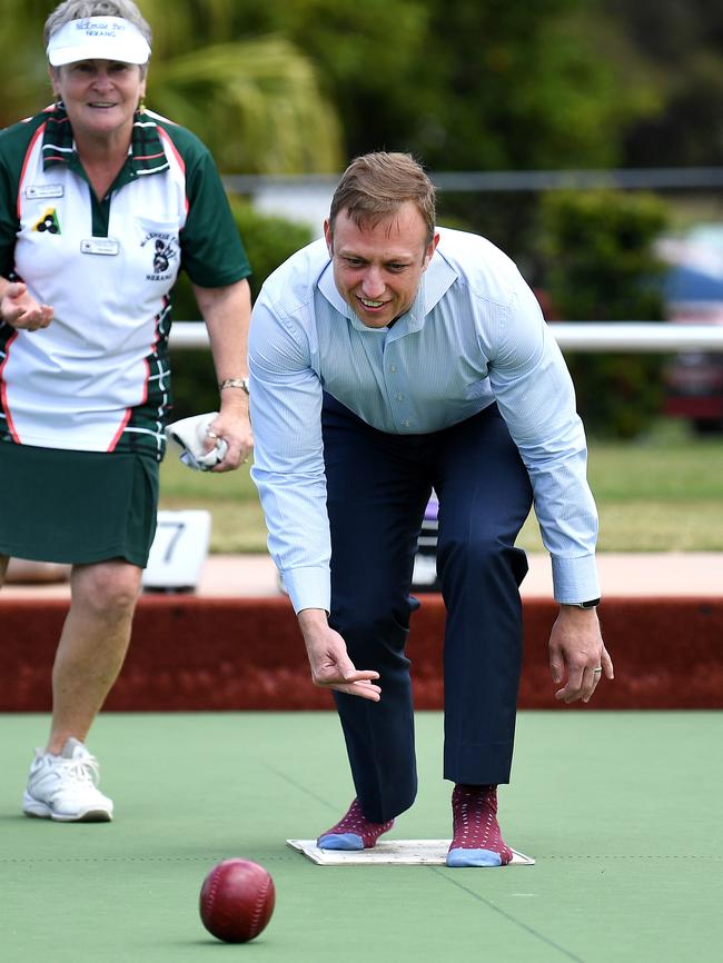 Premier Stephen Miles at the Nerang “bowlo”. Picture: NCA NewsWire / Dan Peled.