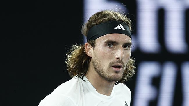 MELBOURNE, AUSTRALIA – JANUARY 18: Stefanos Tsitsipas of Greece reacts in their round two singles match against Rinky Hijikata of Australia during day three of the 2023 Australian Open at Melbourne Park on January 18, 2023 in Melbourne, Australia. (Photo by Daniel Pockett/Getty Images)