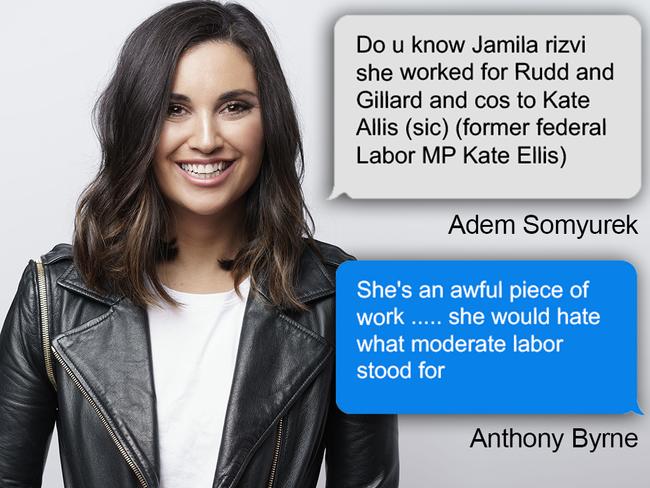 Jamila Rizvi featured in a text message exchange between Adem Somyurek and Anthony Byrne.