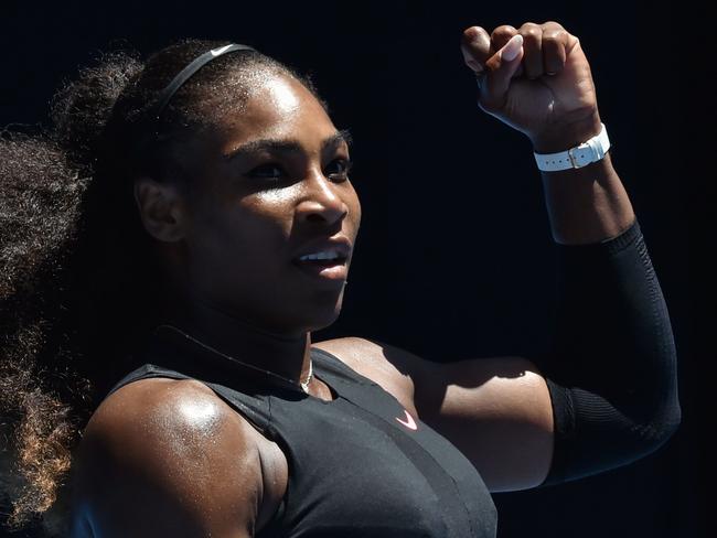 (FILES) This file photo taken on January 25, 2017 shows, Serena Williams of the US reacting after a point against Britain's Johanna Konta during their women's singles quarter-final match on day ten of the Australian Open tennis tournament in Melbourne. Former world number one Serena Williams will make her much-anticipated competitive return with an exhibition match on the final day of the Mubadala exhibition event on December 30, tournament organisers announced on December 24, 2017. / AFP PHOTO / PAUL CROCK / IMAGE RESTRICTED TO EDITORIAL USE - STRICTLY NO COMMERCIAL USE