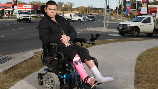 Pimpama local Jaydan Rufus, 20, who has cerebral palsy and is wheelchair bound said the lack of stops was detrimental to those living with a disability who relied on public transport. Picture Glenn Hampson