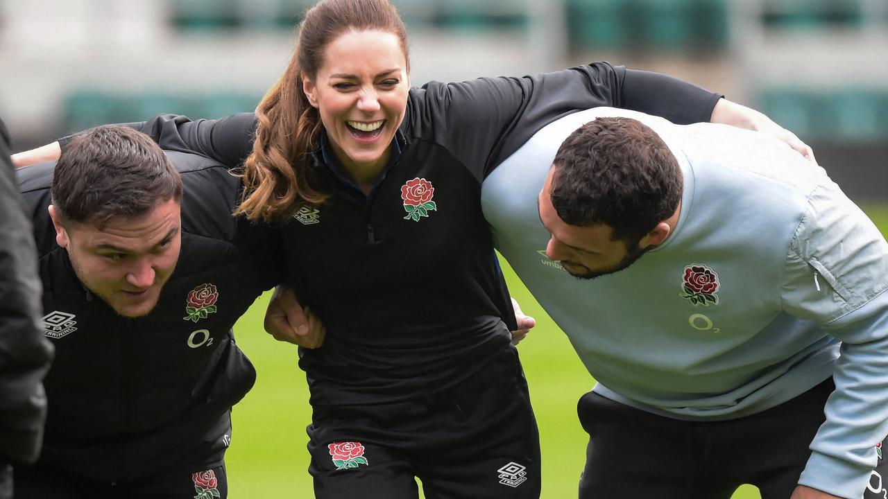 The Duchess of Cambridge was meeting members of the men’s and women’s squads ahead of the Six Nations Championships and the Women’s World Cup, which will take place in New Zealand in the autumn. Picture: Jeremy Selwyn/Pool/AFP