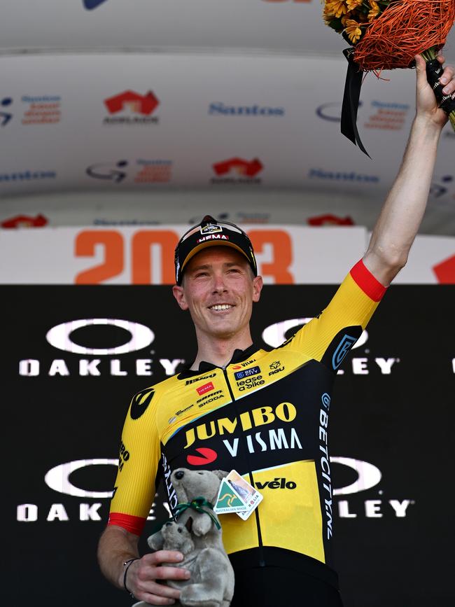 Dennis after winning stage 2 at the 2023 Tour Down Under. Picture: Tim de Waele/Getty Images