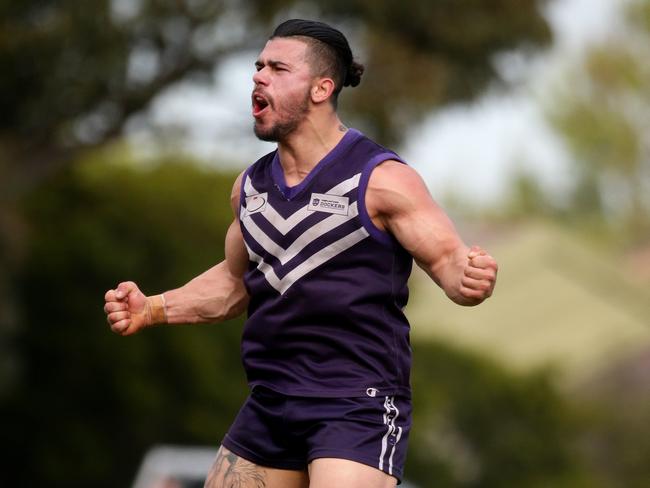 Matthew Mariani celebrates a goal during his stint at Templestowe. Picture: Mark Dadswell