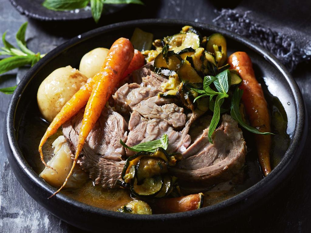 Pot roast shoulder of lamb with fennel; Slow-cooked zucchini and mint ...