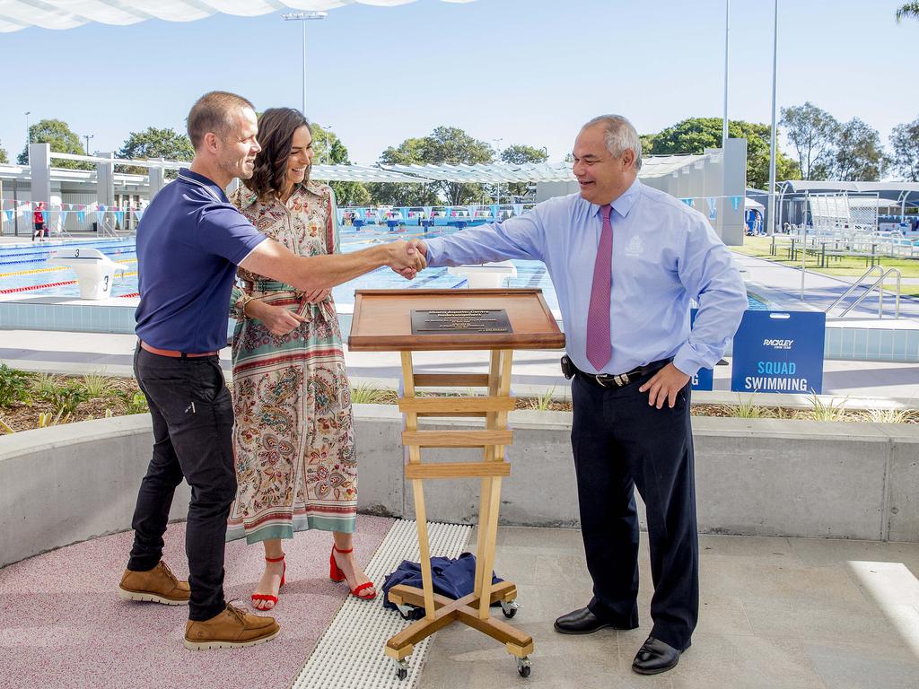 Miami Aquatic Centre lessee Jay Clarke, Gold Coast Mayor Tom Tate with former olympic swimmer Giaan Rooney. Picture: Jerad Williams