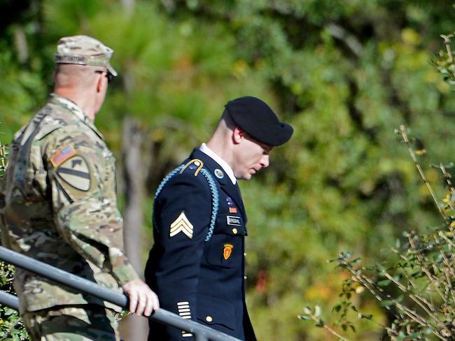 US Army Sgt. Robert Bowdrie 'Bowe' Bergdahl, 31 of Hailey, Idaho is escorted from the Fort Bragg military courthouse after the fourth day of his sentencing proceedings on October 30, 2017 in North Carolina. Picture: Sara D. Davis/Getty Images/AFP