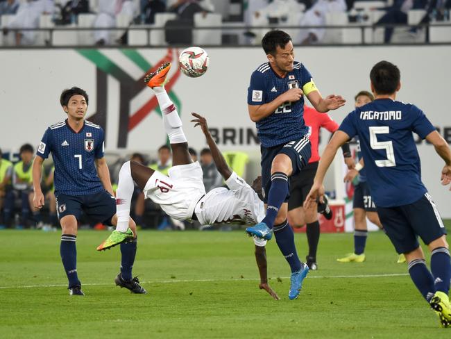 Qatar's forward Almoez Ali (C) shoots to score during the 2019 AFC Asian Cup final. Picture: AFP