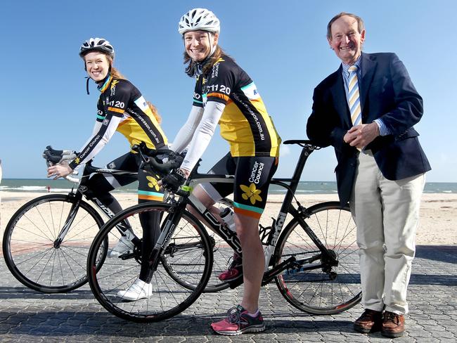 Kate Tonkin, Sarah Hazelton and Mayor of Glenelg Ken Rollond at Glenelg, which will feature in next year’s Tour Down Under. Picture: Calum Robertson