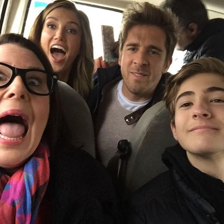 Julia Morris with House Husbands costars Delta Goodrem, Hugh Sheridan and Harry Popple, “Combined you are actually looking at a a carload of quadruple threats.” Picture: Instagram