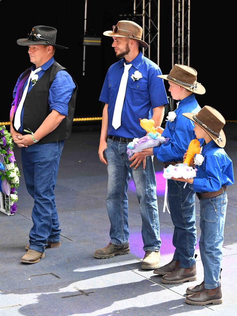 Simone Ward and Geoffrey Borninkhof, were married on The Hill Stage at Gympie Music Muster. Picture: Patrick Woods.