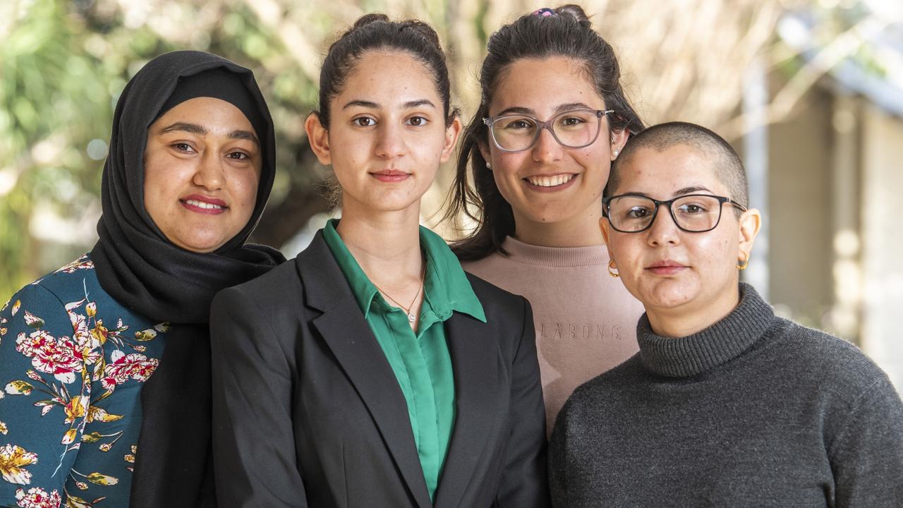 Toowoomba residents (from left) Fatemeh Hosseini, Fatima Aria, Emma Burstow and Zeynab Aria come together to help Afghan refugees. Picture: Nev Madsen.