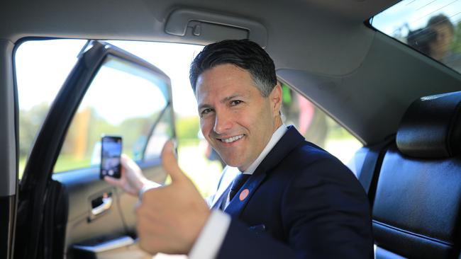 NSW Minister for Customer Service Victor Dominello scans the Service NSW QR code onboard a taxi. Picture: NCA NewsWire / Christian Gilles